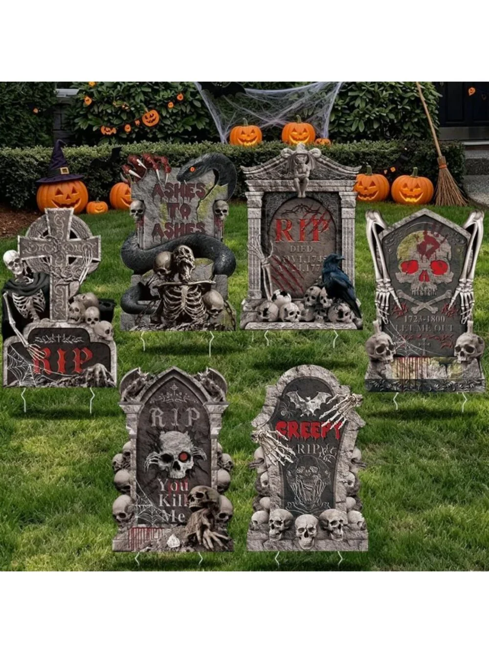 6Pcs 30” Halloween Tombstone Yard Signs - Scary Outdoor Gravestone Decor